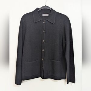 Vintage Kate Hill 100% Pure New Wool Black Button Front Collared Cardigan Medium